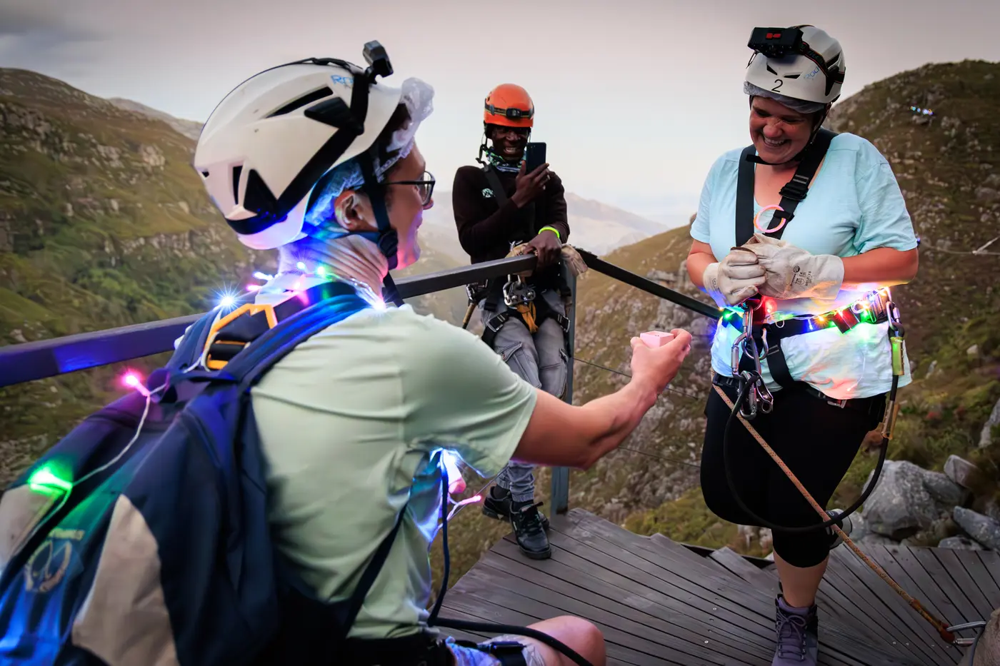 A guest proposing on a Cape Canopy Tour zipline platform